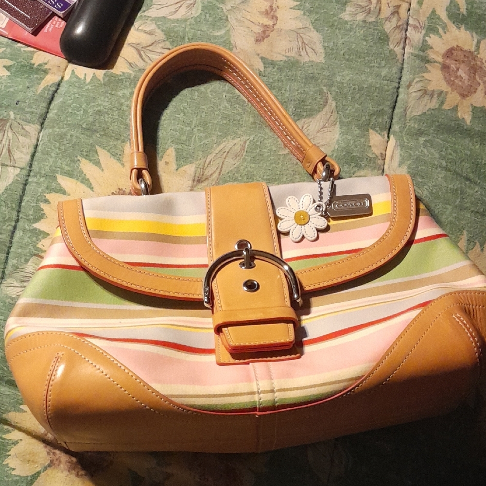Coach Tan and Multicolor Striped Shoulder Bag